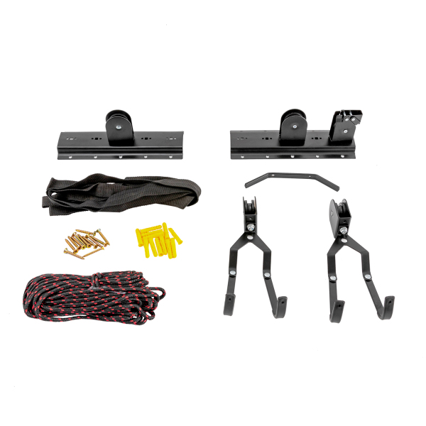 Monte-vélos pour garage, système de poulies pour rangement au plafond, lot de supports - 1 support + 2 sangles multifonctions Monte-vélos pour garage, système de poulies pour rangement au plafond, lot de supports - 1 support + 2 sangles multifonctions