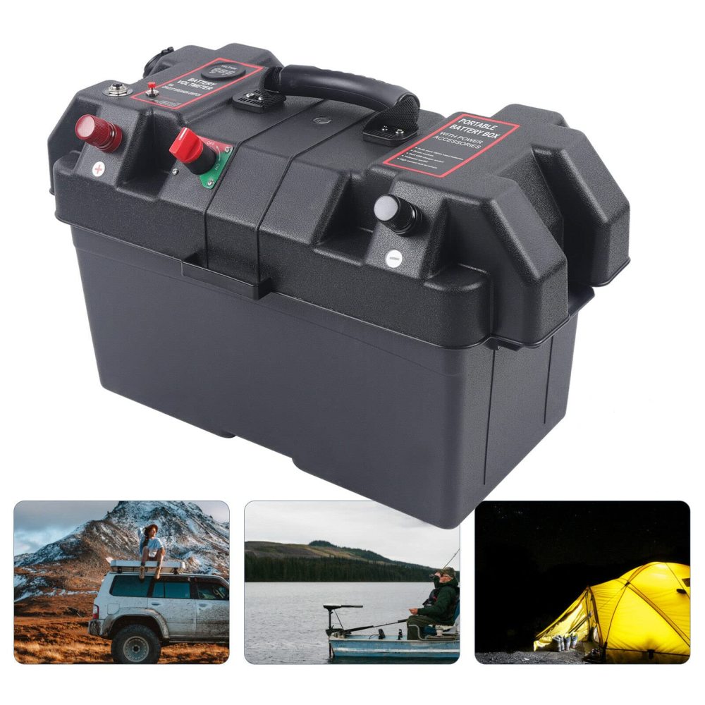 Boîtier à Piles 12V – PP – 44x24.5x27 Cm – Ports USB & LED – Sangles Fixation – Pour Bateau, Caravane, Camping