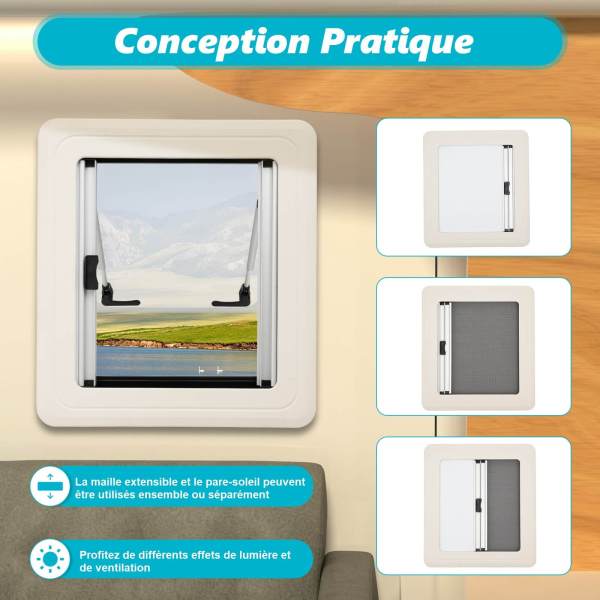 Fenêtre d'exposition pour caravane - 45 x 50 cm (l x h) - Moustiquaire - Fenêtre latérale - En aluminium