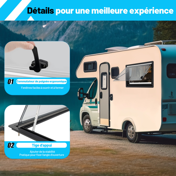 Fenêtre Latérale Push-Up 700x400mm Avec Moustiquaire Pour Camping-Car, Caravane - Installation Facile