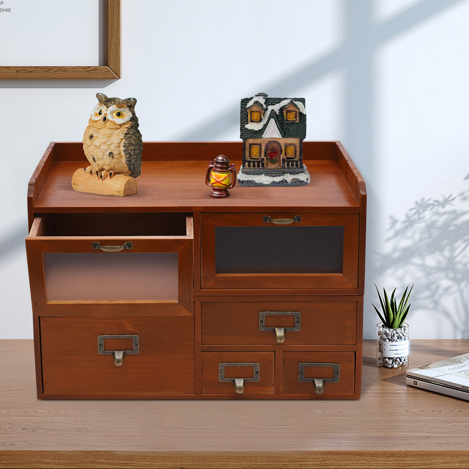 Organisateur Bureau Bois 2 Tiroirs – Finition Carbonisée – 18 X 18 X 17 Cm – Rangement Stylos, Cosmétiques