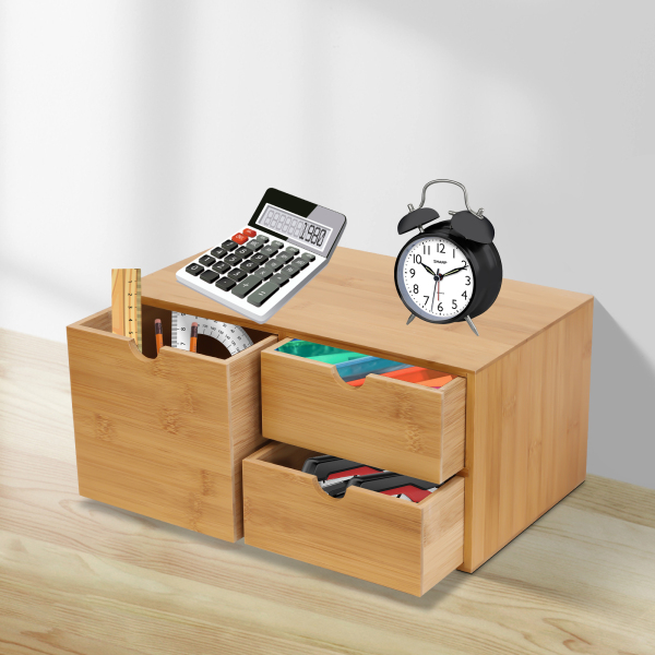 Organiseur de bureau en bambou - Mini tiroir de rangement pour bureau et maison (3 tiroirs) Organiseur de bureau en bambou - Mini tiroir de rangement pour bureau et maison (3 tiroirs)