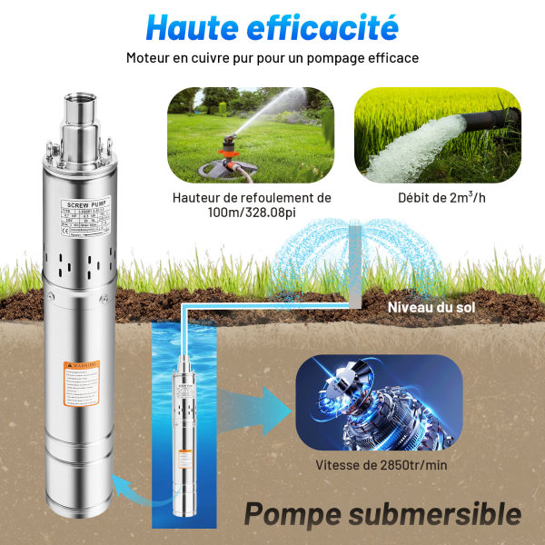 Pompe immergée pour Fontaine de Jardin 500 W - Pompe Submersible en Acier Inoxydable