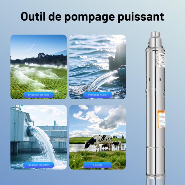 Pompe de Puits Profond, Pompe Submersible en Acier Inoxydable de 3 Pouces, Pompe de Puits de 250 W, Débit Max. 1600 l/h