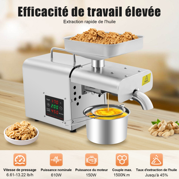 Presse à huile électrique en acier inoxydable - Contrôle de la température - Moulin à huile - Noix - Presse à froid automatique
