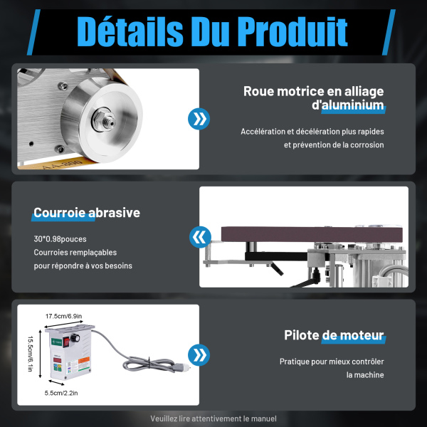 Teodute Ponceuse Électrique 7 Vitesses – Ponceuse à Bande + Disque – 20 Bandes & 20 Feuilles Abrasives – Métal Bois Outils