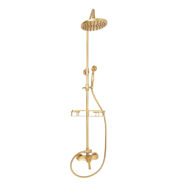 Système de douche en laiton vieilli - Rétro doré - Pommeau de douche avec étagère de rangement - Hauteur réglable 75 à 120 cm