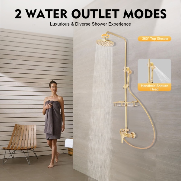 Système de douche en laiton vieilli - Rétro doré - Pommeau de douche avec étagère de rangement - Hauteur réglable 75 à 120 cm