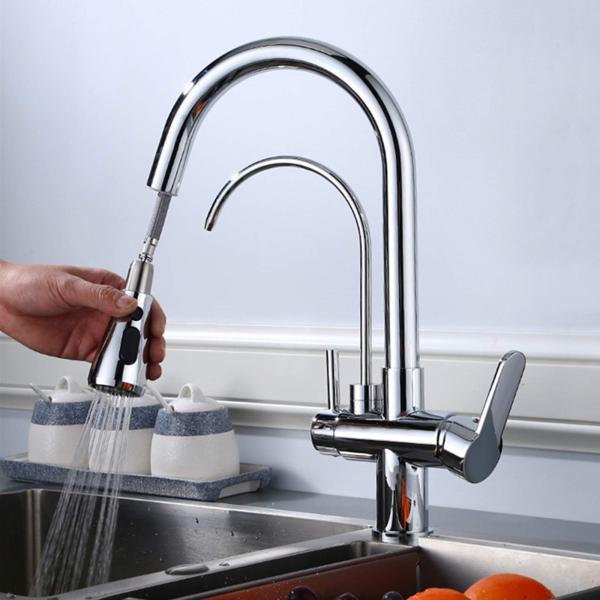 Robinet d'évier de cuisine extensible - Pivotant à 360° - En laiton chromé