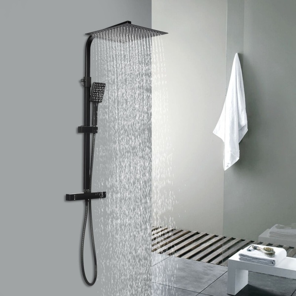 Système de douche avec thermostat noir - Barre de douche en acier inoxydable - Robinet thermostatique en cuivre pour salle de bain