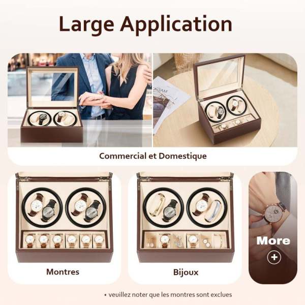 Tourne-montre Automatique Boîte à Bijoux de Rangement en Cuir PU avec Moteur Silencieux Brun  36 x 29,5 x 24 cm