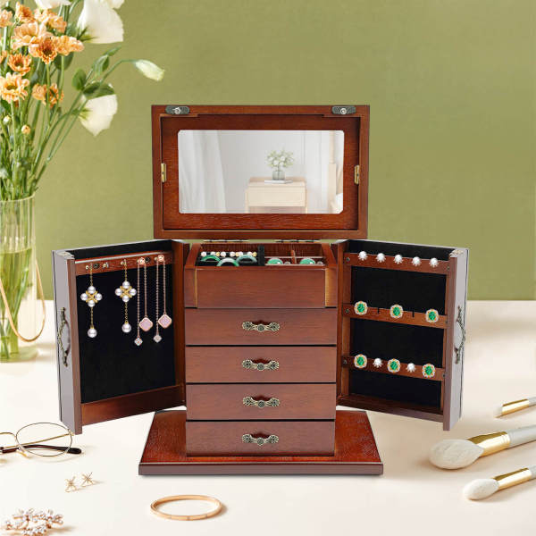 Armoire à bijoux en bois avec 5 tiroirs Marron Miroir intégré Design 2 portes Boîte de rangement Cadeau