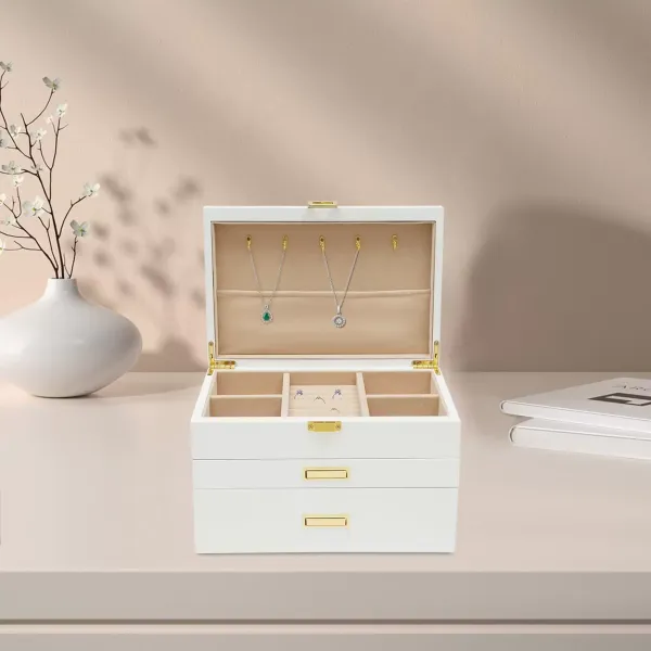 Grande boîte à bijoux à 3 couches, avec tiroir extensible, coussinets antidérapants, matériel de qualité supérieure, pour différents bijoux(blanc)
