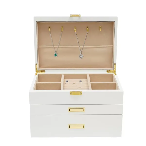 Grande boîte à bijoux à 3 couches, avec tiroir extensible, coussinets antidérapants, matériel de qualité supérieure, pour différents bijoux(blanc)