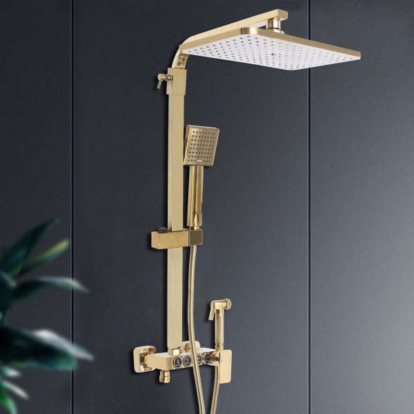 Système de Douche Robinetterie Douche à Effet Pluie Set de Douche avec Douchette à Main Barre de Douche Laiton 9x9"