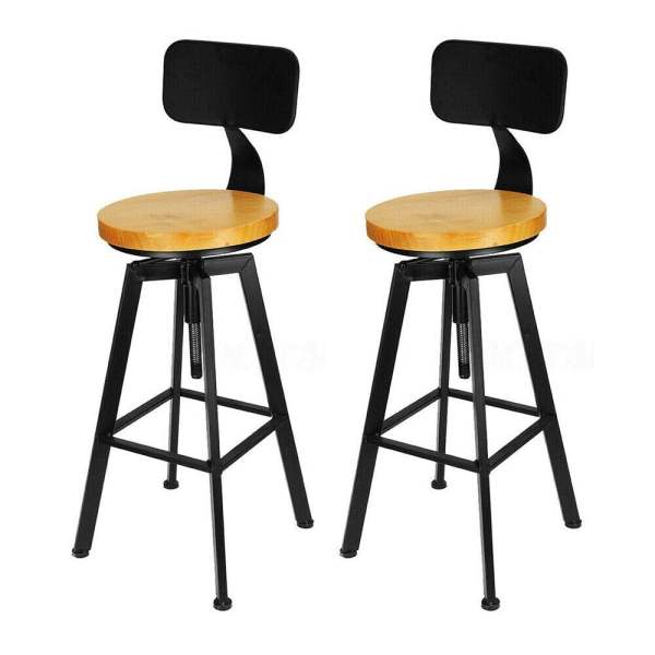 Lot de 2 tabourets de bar vintage avec dossier, hauteur réglable, en bois et métal, tabouret de bistro, tabouret de cuisine, tabouret industriel