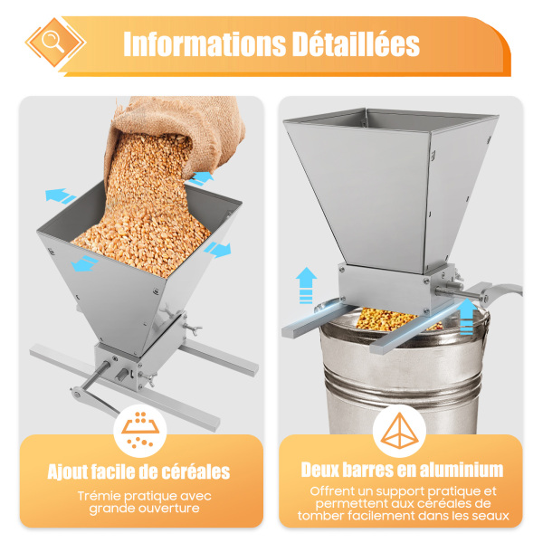 Moulin à Céréales Manuel 2 Rouleaux Acier Inox - Moulin à Malt Professionnel Réglable Jusqu'à 8 Lbs/min