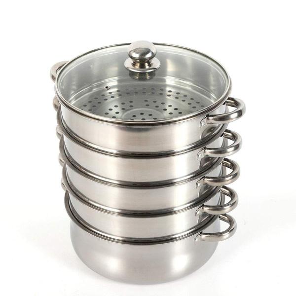 26 cm Cuiseur vapeur en acier inoxydable 5 récipients de cuisson à vapeur avec couvercle en verre