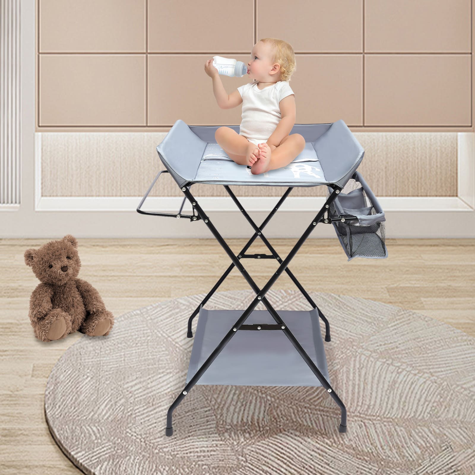 Table à Langer Pliable Avec Roulettes - 80x65x99 Cm, Ceinture De Sécurité, Rangements, Hauteur Réglable, Gris Foncé