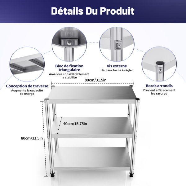 Vertriebs Étagère de rangement en acier inoxydable à 3 étages Charge max： 50 kg 80 x 80 x 40 cm
