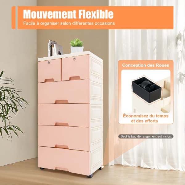 Commode de chevet en plastique avec 6 tiroirs - Avec 4 roues Home (39,7 x 33,8 x 13,8 x 40 cm) - Rose