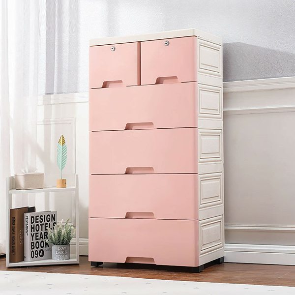 Commode de chevet en plastique avec 6 tiroirs - Avec 4 roues Home (39,7 x 33,8 x 13,8 x 40 cm) - Rose