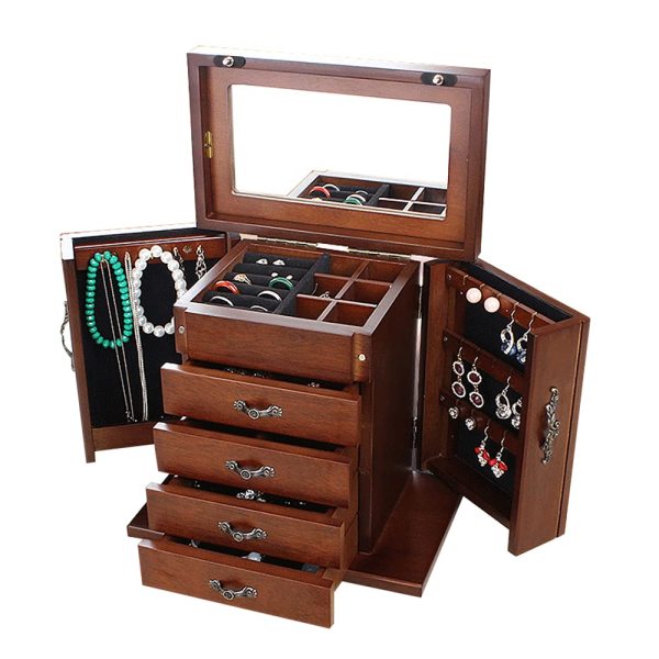 Armoire à bijoux en bois avec 5 tiroirs Marron Miroir intégré Design 2 portes Boîte de rangement Cadeau