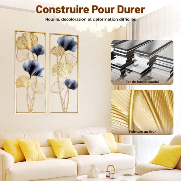 RainWeel Lot De 3 Décorations Murales Feuilles De Ginkgo En Métal Doré - Fer Forgé Élégant Pour Jardin, Salon Et Chambre