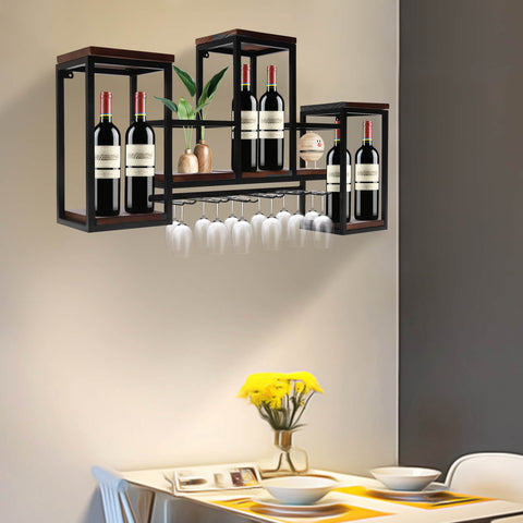 Étagère De Support De Vin En Métal Rétro Mural Loft, Bouteille De Vin | Goblet Rack Bar Tablette Support En Bois Verre à Vin Unité De Stockage Étagères Flottantes Étagère Suspendue Rangement