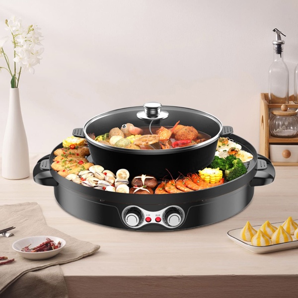 Sauteuse électrique multifonction Gril électrique multifonction Grand hot pot double séparation contrôle indépendant sans fumée