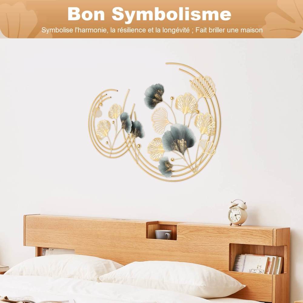 Décoration Murale Moderne En Métal De 1180 Mm Avec élégante Feuille De Ginkgo Dorée Et Marbre Pour Salon｜Homary