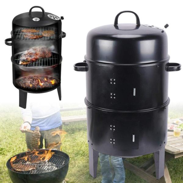 Barbecue fumoir multifonction 3 en 1, double couche, barbecue au charbon de bois avec thermomètre, barbecue d'extérieur