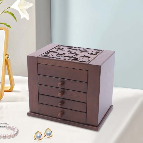 Boîte à bijoux en bois avec 5 niveaux et miroir Marron