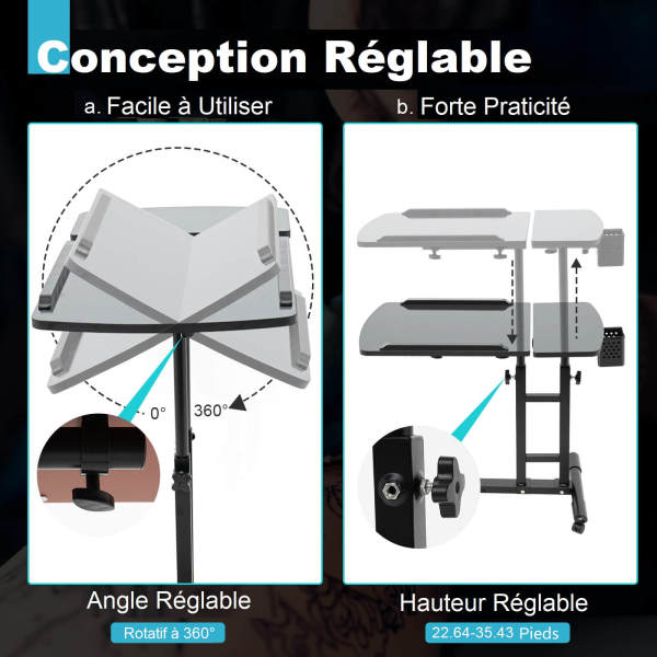 Table de rangement pour tatouages - Double réglage - Rotation à 360 degrés - Pour salon de tatouage - Avec roue