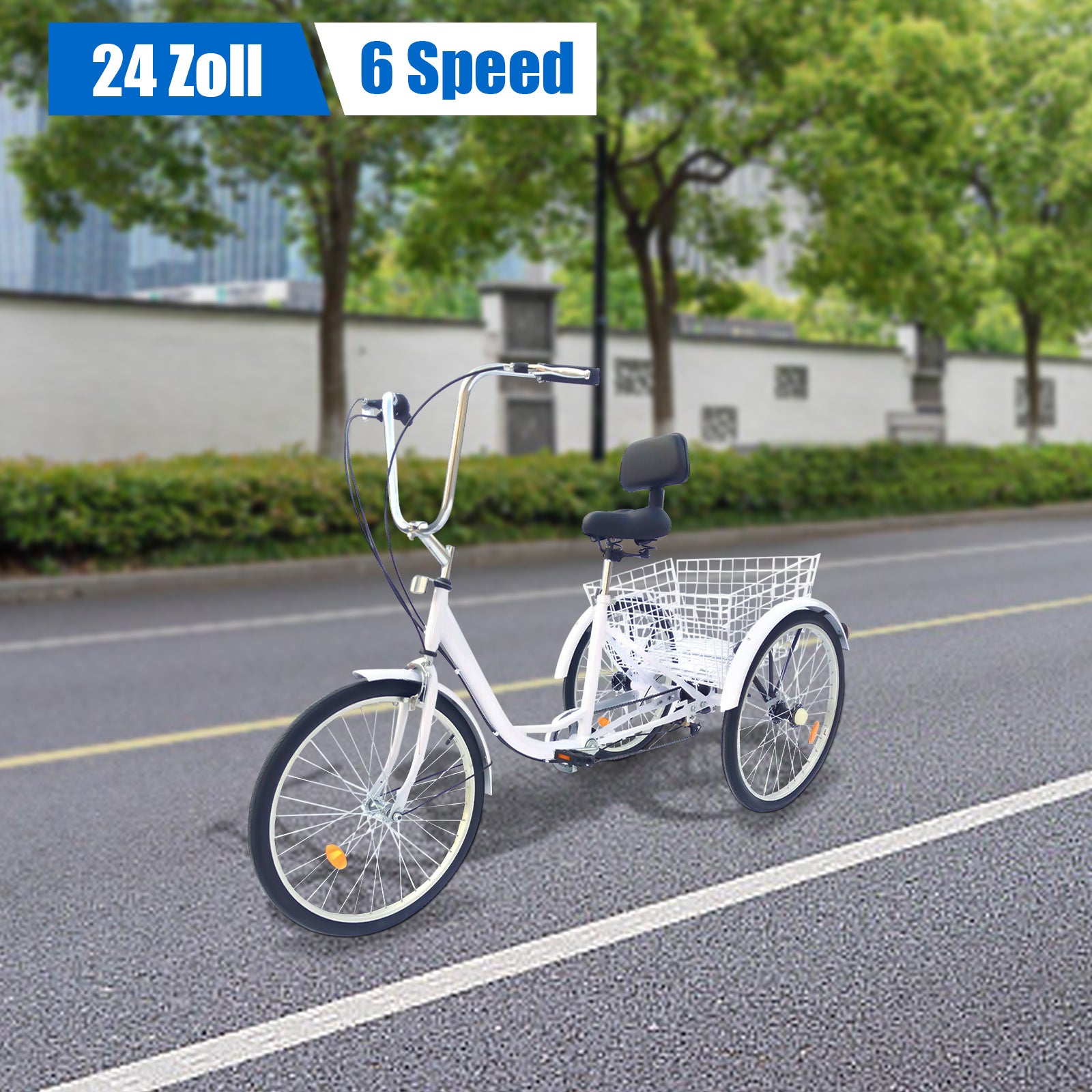 Tricycle Adulte 24 Pouces - 6 Vitesses, Panier, Lumière, Pour Seniors Et Balades - 6