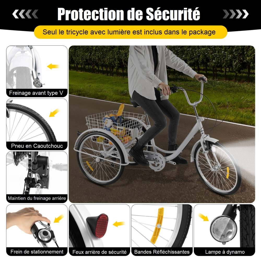 24 Pouces Tricycle Adulte avec lumière Tricycle Velo Vitesse réglable 3