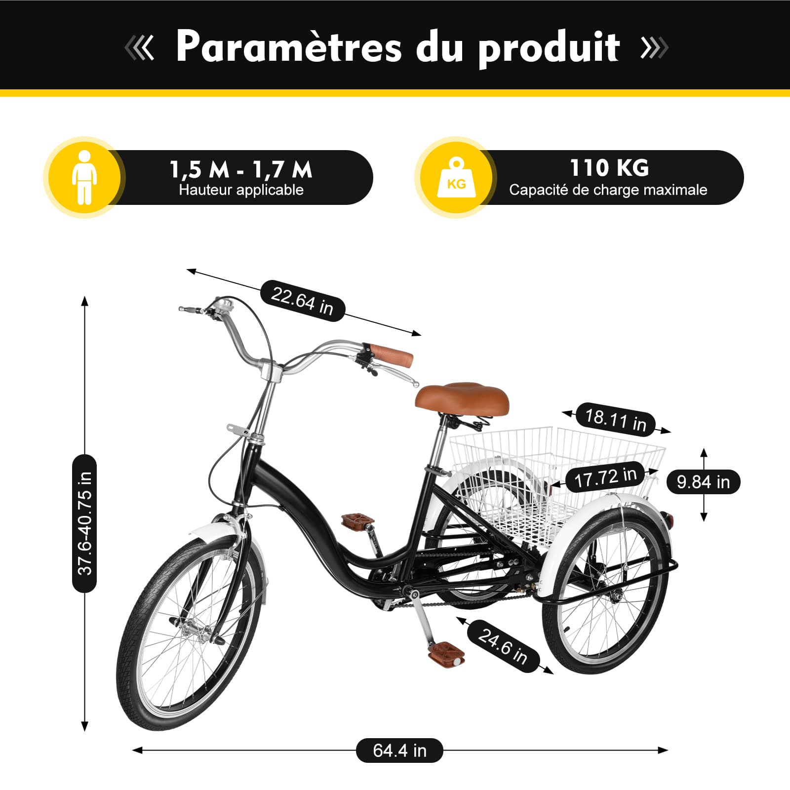 Tricycle à une vitesse de 20 avec siège enfant, tricycle de 20 pouces pour adultes, vélo à 3 roues, avec siège enfant pour les personnes âgées, pour faire des courses en plein