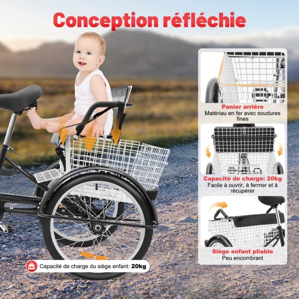 Tricycle Adulte 24 Pouces Pour Adulte, Tricycle, 6 Vitesses, 3 Roues