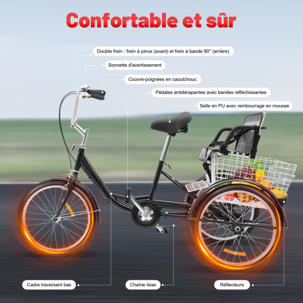 Tagtuell Tricycle pour adultes 20 pouces, 3 roues vélo avec panier de légumes et lumière pour loisirs et courses