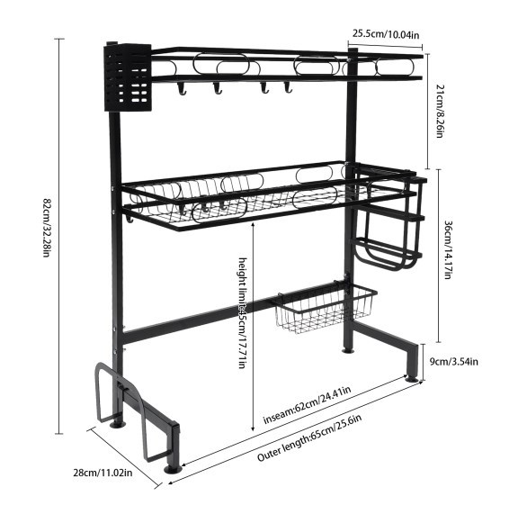 Égouttoir à vaisselle à 2 niveaux au-dessus de l'évier, égouttoir à vaisselle à 2 niveaux en acier inoxydable avec porte-ustensiles, planche à découper, bloc à couteaux (62 cm)