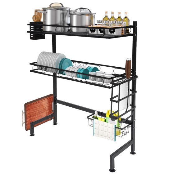 Égouttoir à vaisselle à 2 niveaux au-dessus de l'évier, égouttoir à vaisselle à 2 niveaux en acier inoxydable avec porte-ustensiles, planche à découper, bloc à couteaux (62 cm)