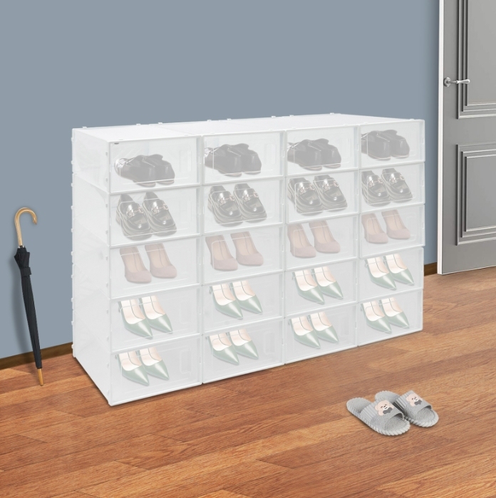 Cadre empilable à deux extrémités pour 20 boîtes à chaussures d'emballage, porte transparente, design creux - blanc