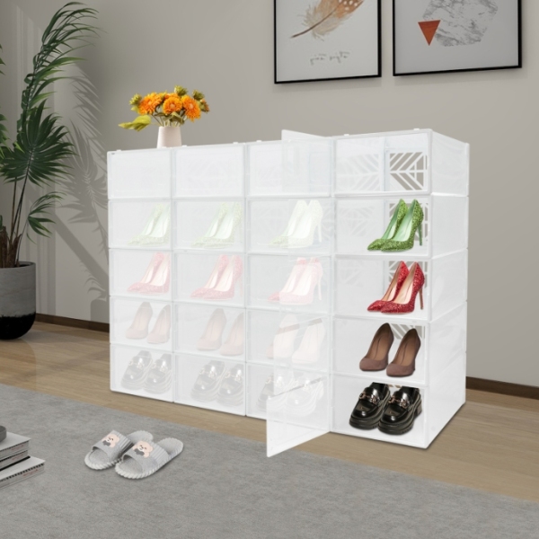 Cadre empilable à deux extrémités pour 20 boîtes à chaussures d'emballage, porte transparente, design creux - blanc