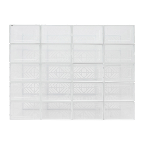 Cadre empilable à deux extrémités pour 20 boîtes à chaussures d'emballage, porte transparente, design creux - blanc Cadre empilable à deux extrémités pour 20 boîtes à chaussures d'emballage, porte transparente, design creux - blanc