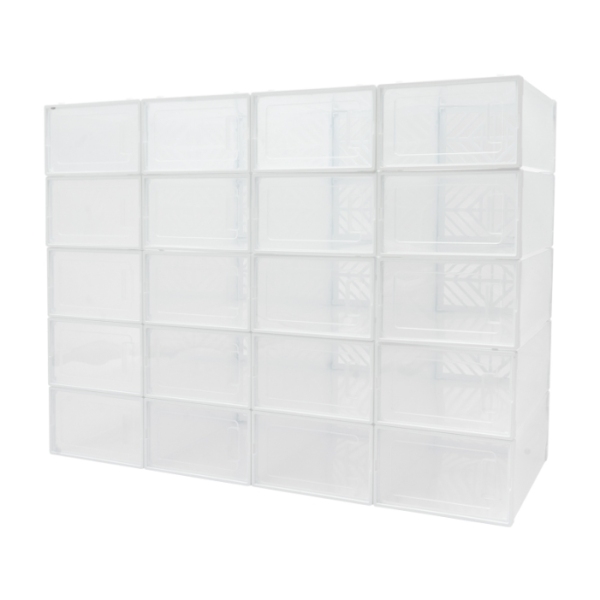 Cadre empilable à deux extrémités pour 20 boîtes à chaussures d'emballage, porte transparente, design creux - blanc