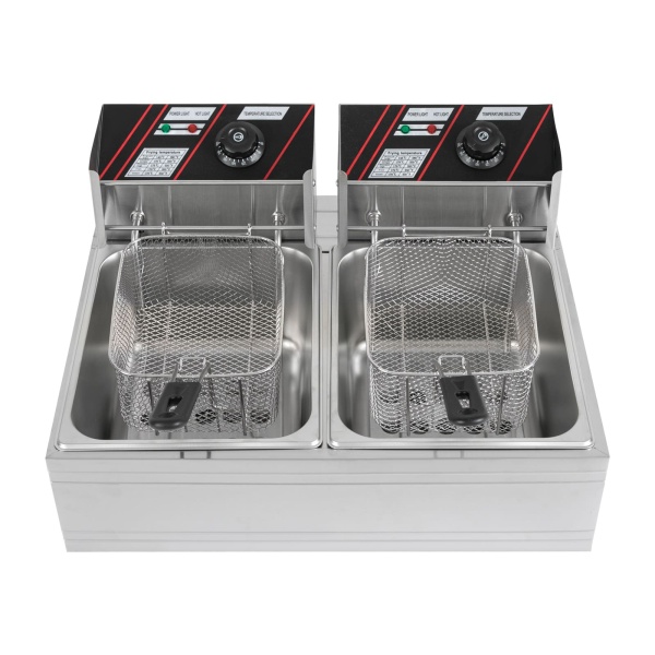 Acier Inoxydable Double Friteuse 12L Zones Froid Double Friteuse Electrique Thermostat 60-200°C avec Panier et Couvercle