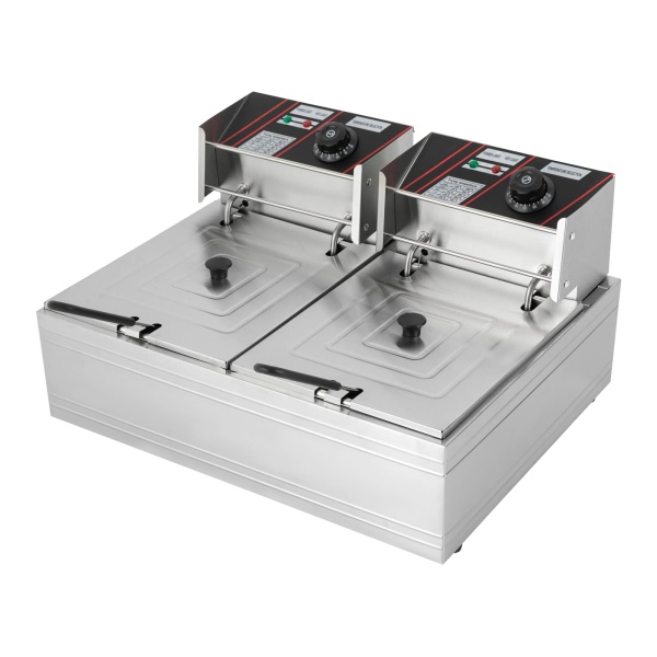 Acier Inoxydable Double Friteuse 12L Zones Froid Double Friteuse Electrique Thermostat 60-200°C avec Panier et Couvercle