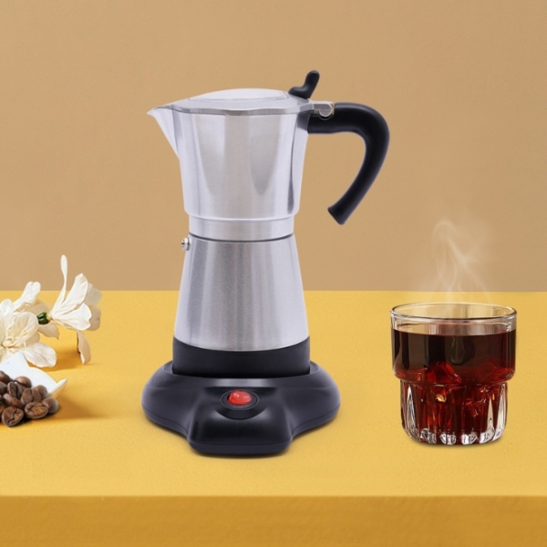 Machine à café Moka électrique en alliage d'aluminium 480W avec base, peut préparer six tasses à la fois, argent