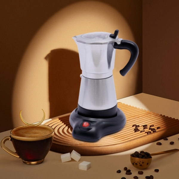 Machine à café Moka électrique en alliage d'aluminium 480W avec base, peut préparer six tasses à la fois, argent