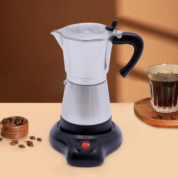 Machine à café Moka électrique en alliage d'aluminium 480W avec base, peut préparer six tasses à la fois, argent
